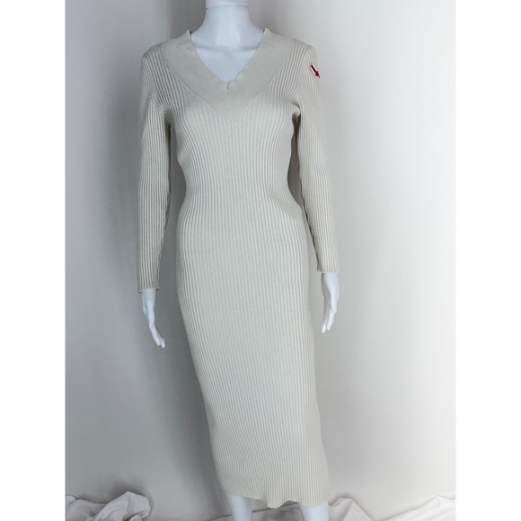 Pietro Brunelli Milano Ribbed Knit Long Sleeve V Neck Midi Dress Cream M - Picture 3 of 6